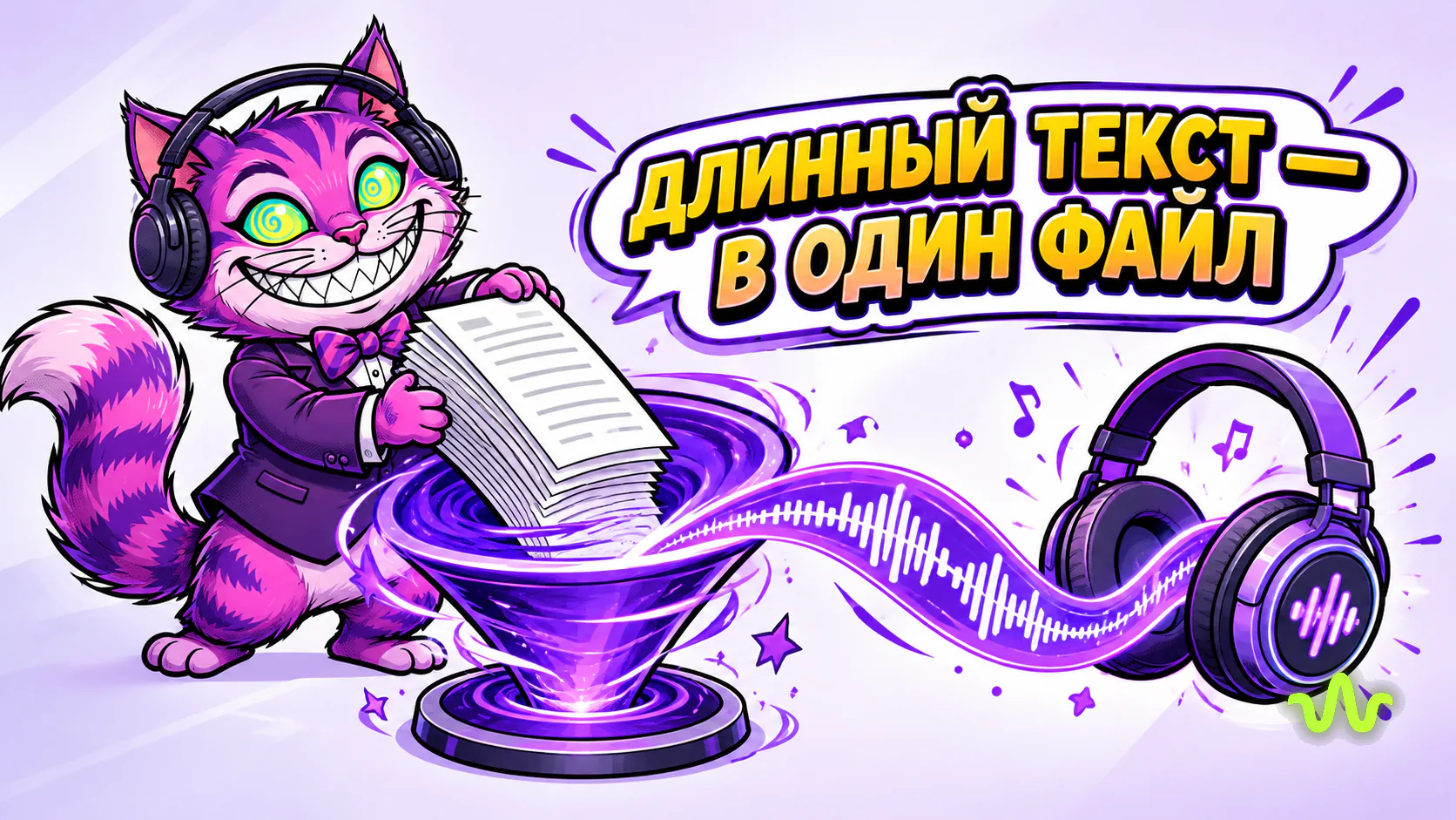 Чеширский кот отправляет стопку страниц в воронку, на выходе — одна звуковая дорожка: длинный текст в один файл