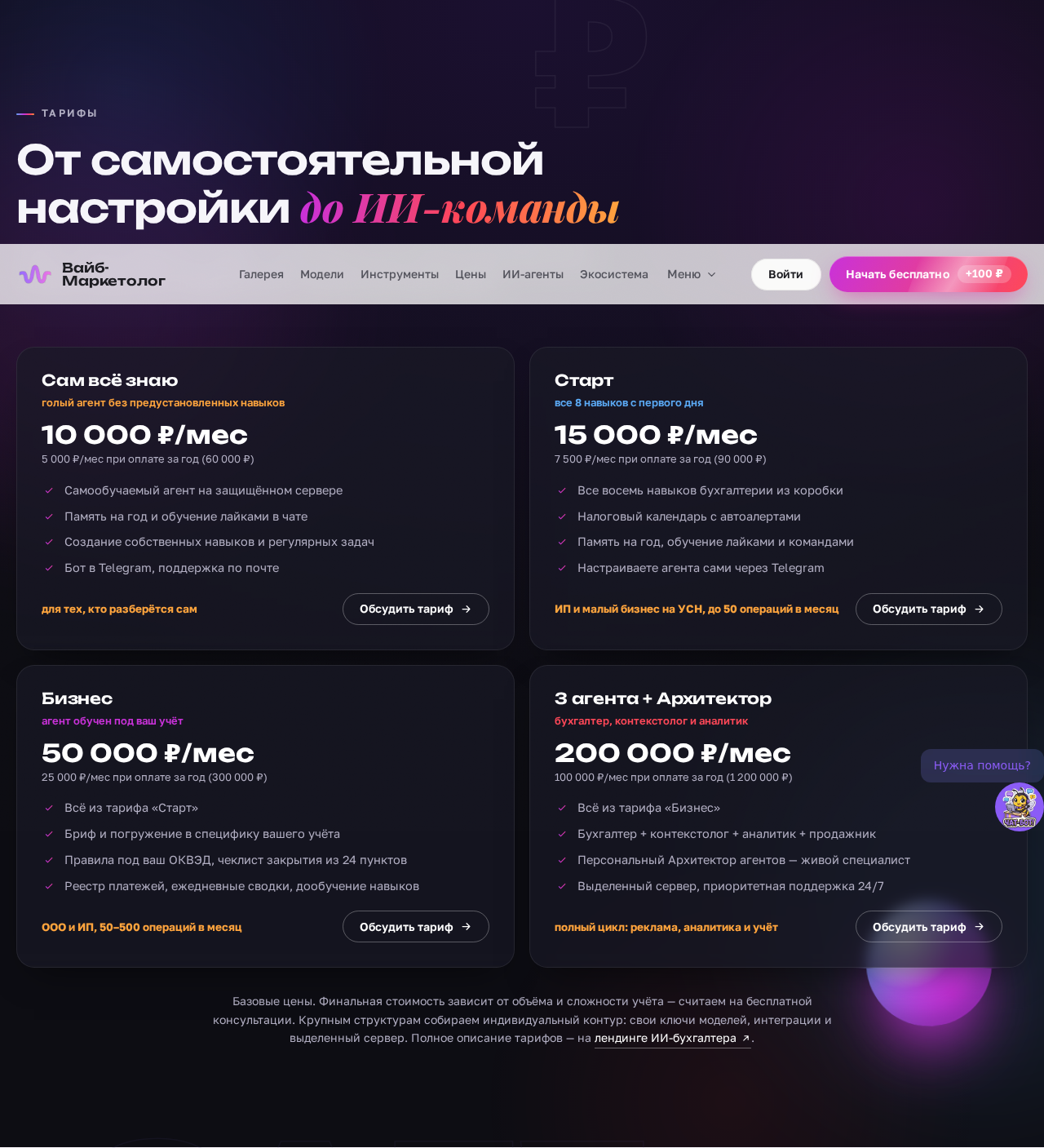 Тарифы ИИ-бухгалтера: Старт, Бизнес и ИИ-команда
