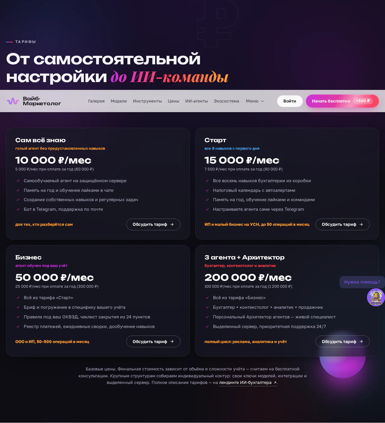 Тарифы ИИ-бухгалтера: Старт, Бизнес и ИИ-команда