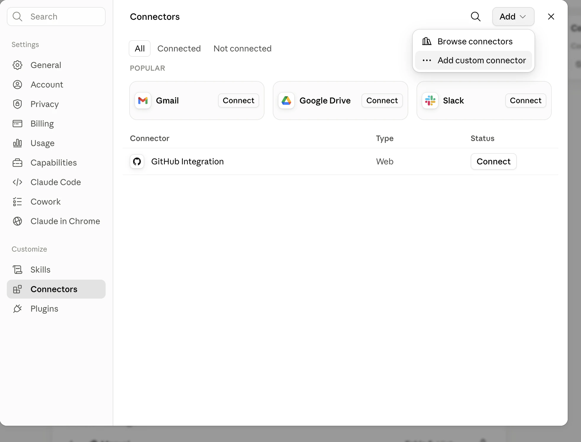 Настройки Connectors в claude.ai: меню Add вверху справа с пунктом Add custom connector