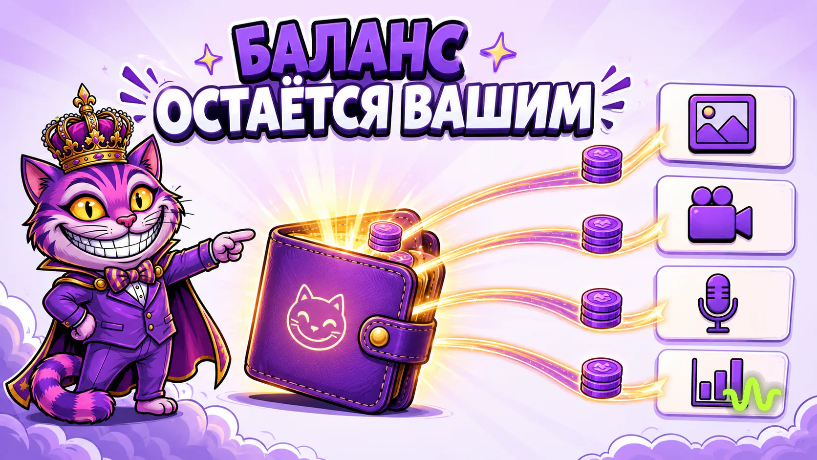 Баланс остаётся вашим: деньги с баланса тратятся на изображения, видео, озвучку и аналитику