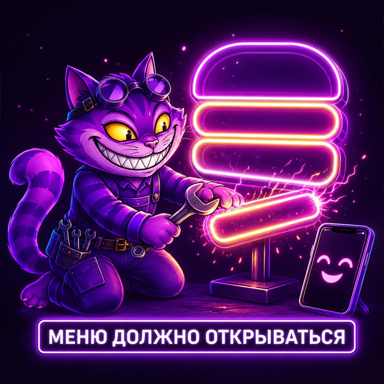 Проверка мобильного меню сайта — маскот чинит бургер-меню