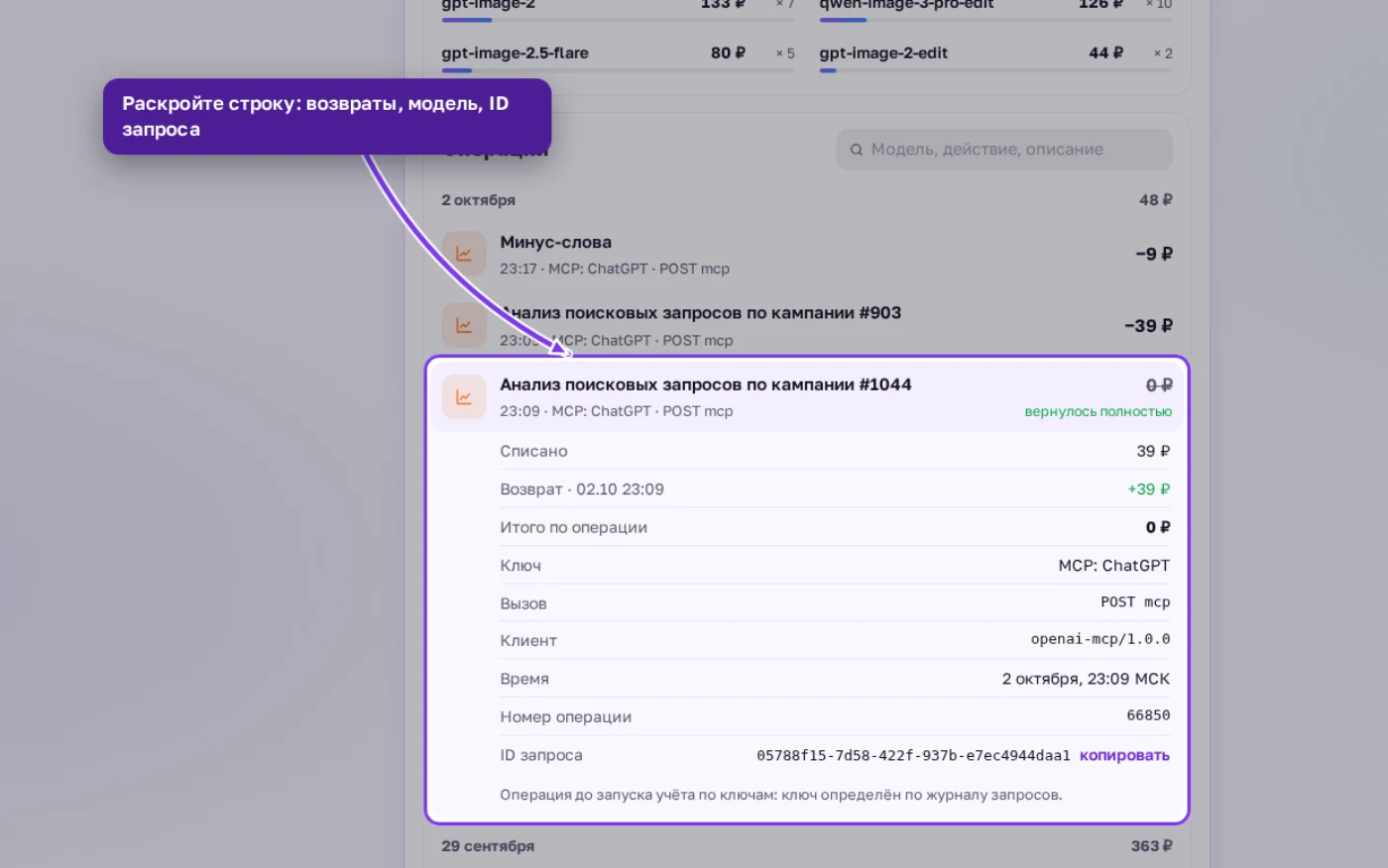 Раскрытая операция в истории расходов API: списано, возврат, итог, ключ, модель, ID запроса
