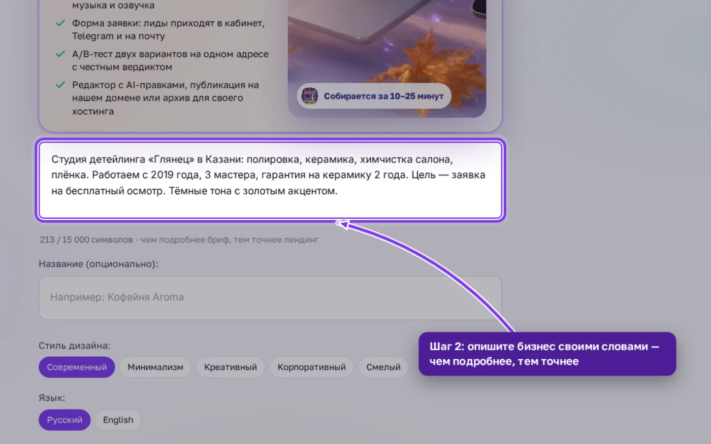 Поле описания сайта на панели конструктора с примером брифа для детейлинга