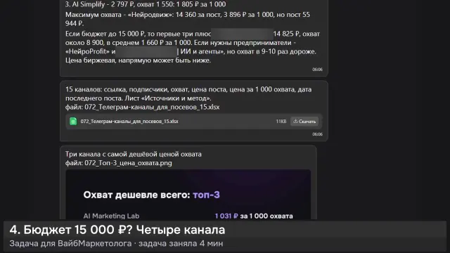 ИИ-агент: 15 Телеграм-каналов для посевов: охват и цена — кадр из записи работы
