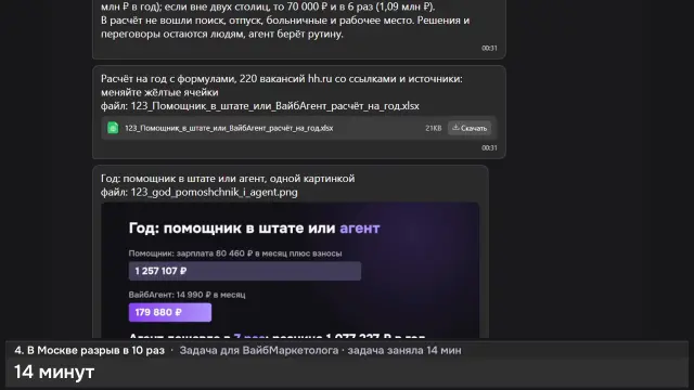 ИИ-агент: Помощник в штате или ВайбАгент: расчёт на год — кадр из записи работы