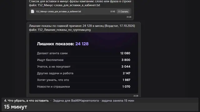 ИИ-агент: Минус-слова для кампаний «ИИ-агент» — кадр из записи работы